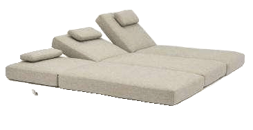 A modern, light-colored outdoor chaise lounge with adjustable backrests and head pillows, designed for two people.
