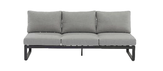 A modern outdoor sofa with a black metal frame and three grey upholstered cushions for the seat and back.