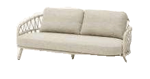 A light-colored two-seater outdoor sofa with woven armrests and back, featuring two seat cushions and two back cushions.