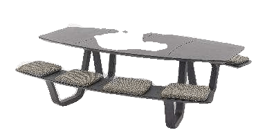 A modern outdoor dining set features a long, dark gray rectangular table with a slatted top and matching benches, each fitted with four patterned cushions.