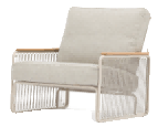 A light-colored outdoor armchair with a metal frame, woven side panels, and wooden armrests, featuring thick, comfortable cushions.