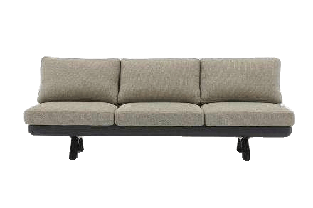 A modern three-seater sofa with light grey cushions and a dark grey or black frame is presented against a plain white background.