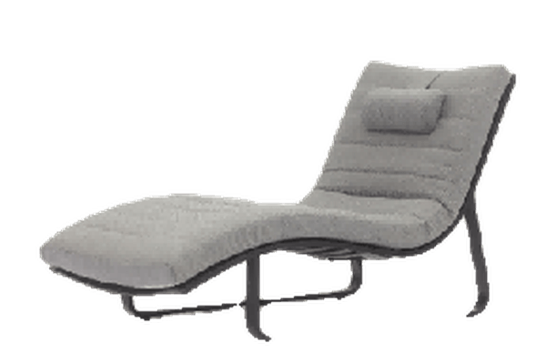 A modern grey upholstered chaise lounge with a black metal frame is shown against a white background.