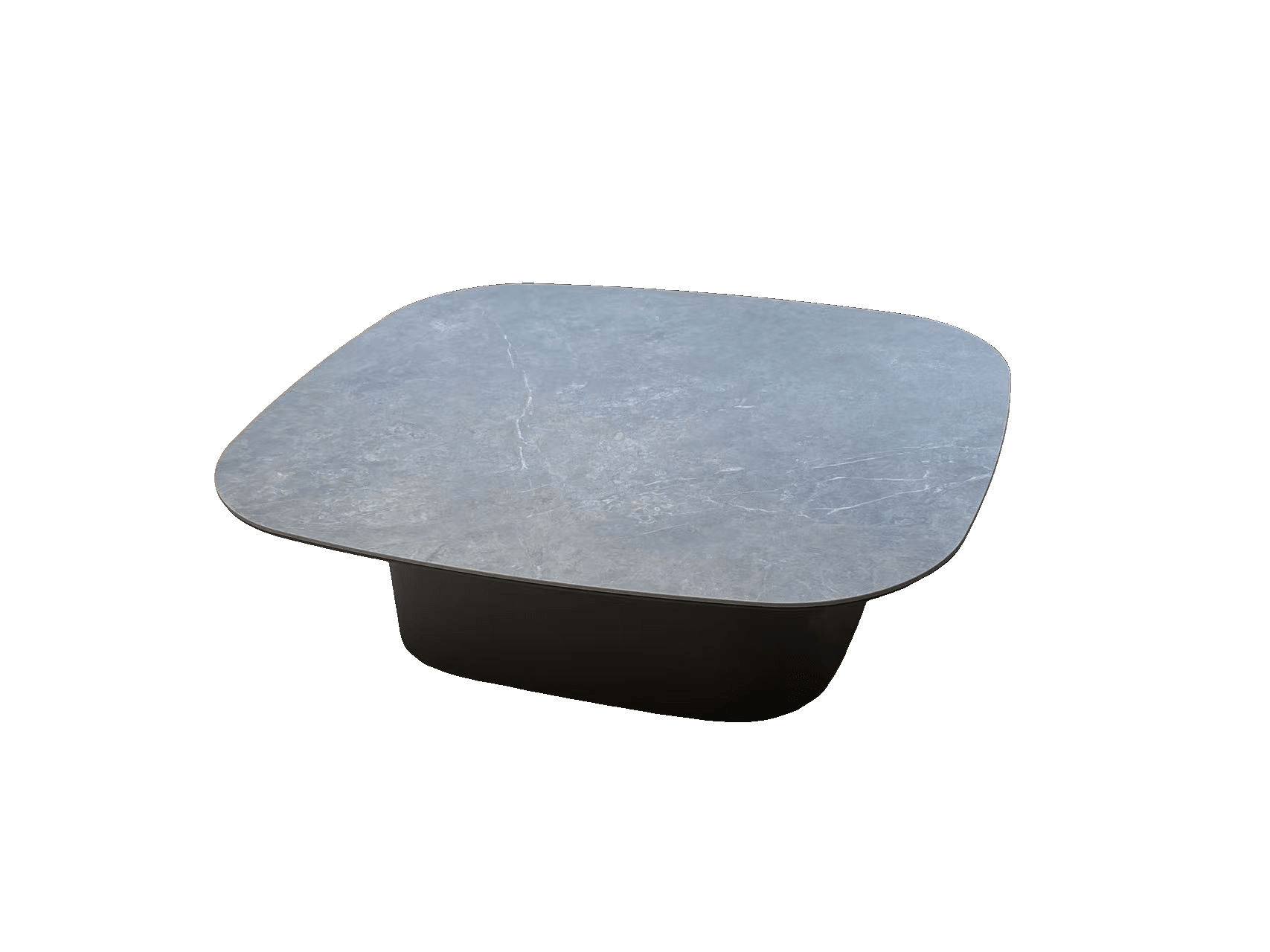 A modern, square coffee table with rounded corners and a dark grey, marble-patterned top sits on a light wooden floor in front of a sofa.