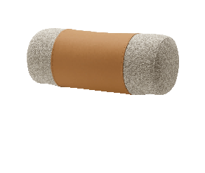 A cylindrical headrest with a light textured fabric and a tan leather-like strap, attached to a dark metal bracket.
