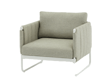 A light grey upholstered armchair with a white metal frame is shown on a white background.