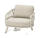 A light-colored outdoor armchair with a woven rope back and armrests, featuring thick cushions on the seat and back, set against a plain white background.