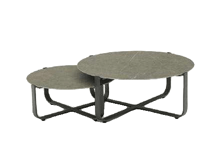 Two round coffee tables with gray tops and dark metal bases are nested together on a white background.