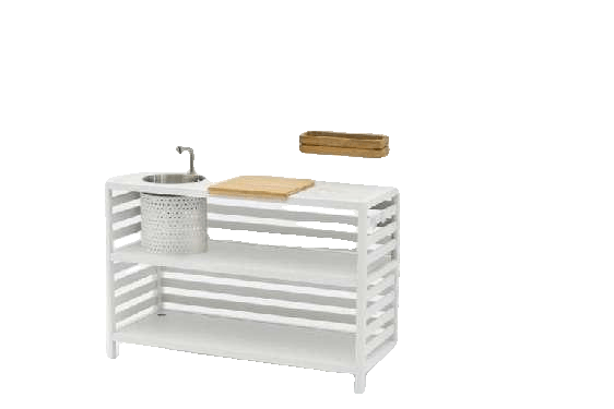 A white outdoor kitchen unit with a sink, faucet, and wooden cutting board, accompanied by a slatted white privacy screen.