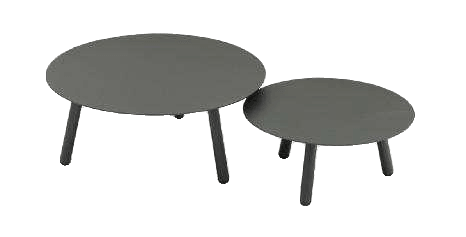 Two round, dark grey coffee tables of different sizes, each with three black legs, are displayed on a white background.