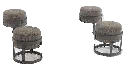 A collection of five small, round stools with dark frames and textured, cushioned tops, arranged on a white background.