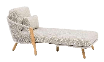 A light-colored outdoor chaise lounge with a woven backrest and wooden legs, featuring two cushions.