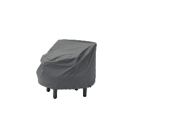 A dark grey outdoor furniture cover is draped over a small chair, protecting it from the elements.
