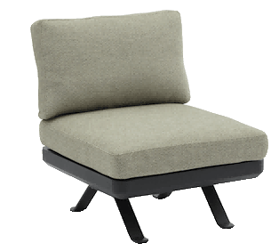 A modern armless chair with a light grey upholstered seat and back cushion, supported by a dark, low-profile base with four angled legs.