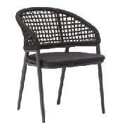 A dark grey outdoor dining chair with a woven backrest and seat cushion is presented on a white background.