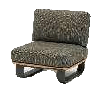 A modern armless lounge chair with a dark patterned cushion and backrest, set on a wooden base with dark metal sled legs.