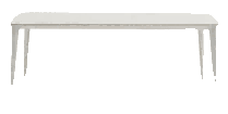 A rectangular outdoor dining table with a light-colored top and four slender, angled legs.