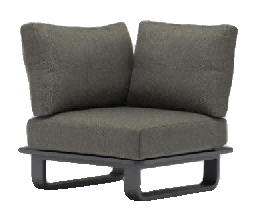 A dark grey outdoor corner chair with thick cushions on a dark grey metal frame is shown against a plain white background.