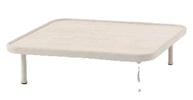 A low, square, light-colored outdoor coffee table with rounded edges and four short, sturdy legs.