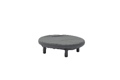 A round, dark gray outdoor fire pit is covered with a protective cover, sitting on a white background.