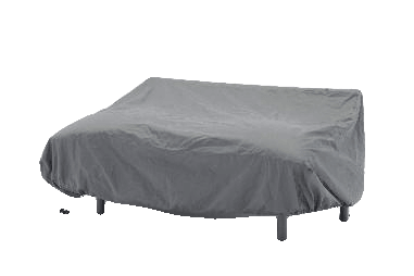 A gray outdoor furniture cover is draped over a two-seater sofa, protecting it from the elements.