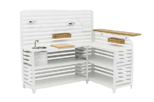 A white slatted outdoor kitchen unit with a sink, faucet, and wooden shelves, arranged in an L-shape.