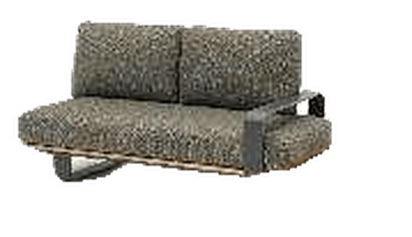A modern two-seater outdoor sofa with a grey textured cushion and a light wooden slatted side table attached to a dark metal frame.
