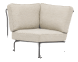 A modern outdoor corner chair with a light beige cushion and backrest, supported by a dark grey metal frame.