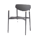 A modern outdoor dining chair with a dark grey metal frame and light wooden armrests is shown against a white background.