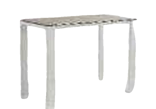 A console table with a light-colored translucent glass top and slim light-grey legs is shown against a plain white background.