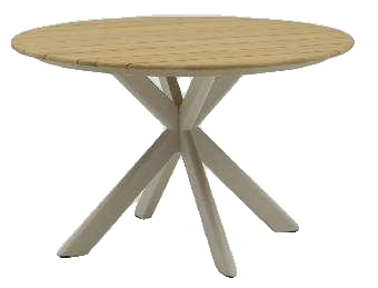 A round dining table with a light-colored slatted top and a crisscross base with four legs.