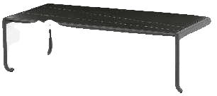 A dark gray slatted outdoor coffee table with a minimalist design and U-shaped legs.