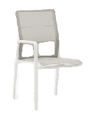 A light grey outdoor dining chair with a mesh back and seat, and white aluminum frame and armrests, is shown against a plain white background.