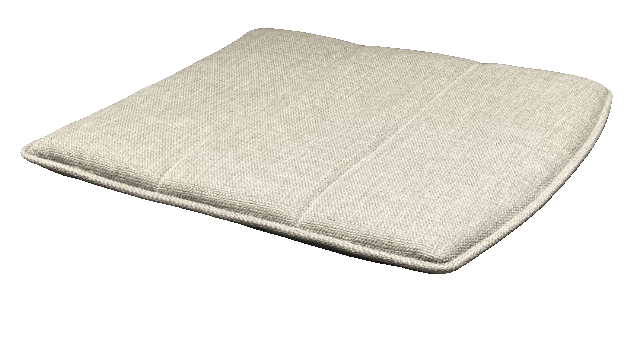 A light beige, rectangular cushion with subtle stitching details rests on a speckled gray surface.