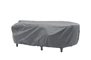A gray protective cover is draped over an outdoor furniture piece, likely a table or seating arrangement, on a white background.
