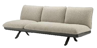 A modern three-seater sofa with light beige upholstered cushions and a dark gray base with black legs is presented on a white background.