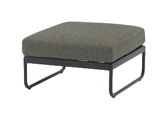 A modern outdoor ottoman with a dark gray fabric cushion and a black metal frame is shown against a white background.
