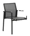 A dark grey outdoor dining chair with a mesh seat and back, and armrests, stands against a plain white background.