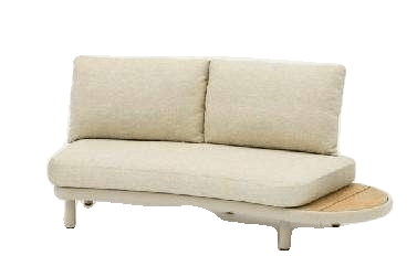 A two-seater outdoor sofa with light-colored cushions and a small, round wooden side table attached to one end, all on a light background.