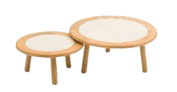 Two round wooden nesting tables with light-colored tops are shown on a white background.