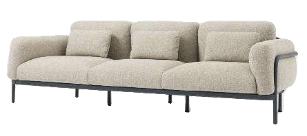 A modern three-seater sofa with a light beige textured fabric upholstery and a dark grey metal frame, featuring three seat cushions and three back cushions.