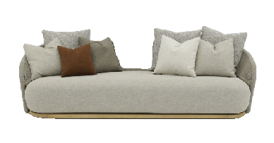 A modern outdoor sofa with a light grey upholstered base, woven rope arms and back, and several throw pillows in varying shades of grey, brown, and off-white.