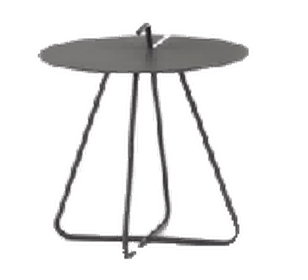 A black metal side table with a round top and three slender legs forming a triangular base.