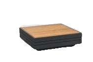 A square, low-profile outdoor coffee table with a slatted wooden top and a dark, possibly metal, base.
