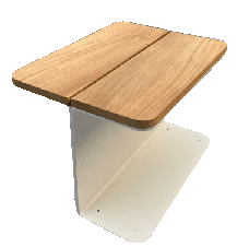 A modern side table with a light wood-grain top and a white, C-shaped metal base, designed for outdoor use.