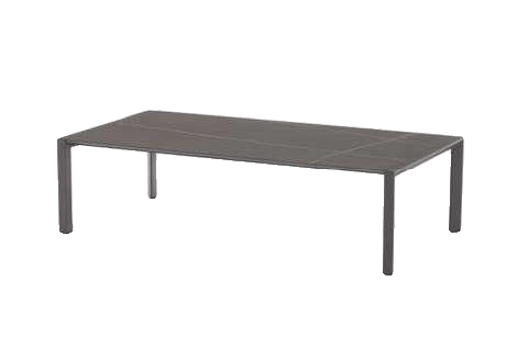 A rectangular outdoor dining table with a dark grey top and matching dark grey legs is shown against a plain white background.