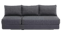 A dark grey two-seater outdoor sofa with three back cushions is shown against a plain white background.