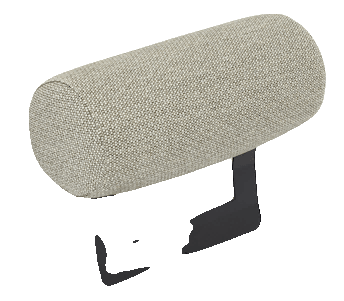 A cylindrical headrest with a light beige textured fabric cover is shown, attached to a black, U-shaped metal bracket.