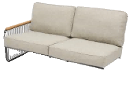 A two-seater outdoor sofa with light-colored cushions and a dark metal frame, featuring a wooden armrest on the left side.