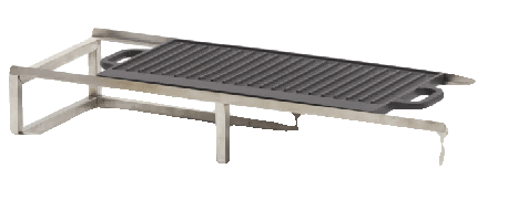 A rectangular cast iron griddle with handles sits on a stainless steel stand.